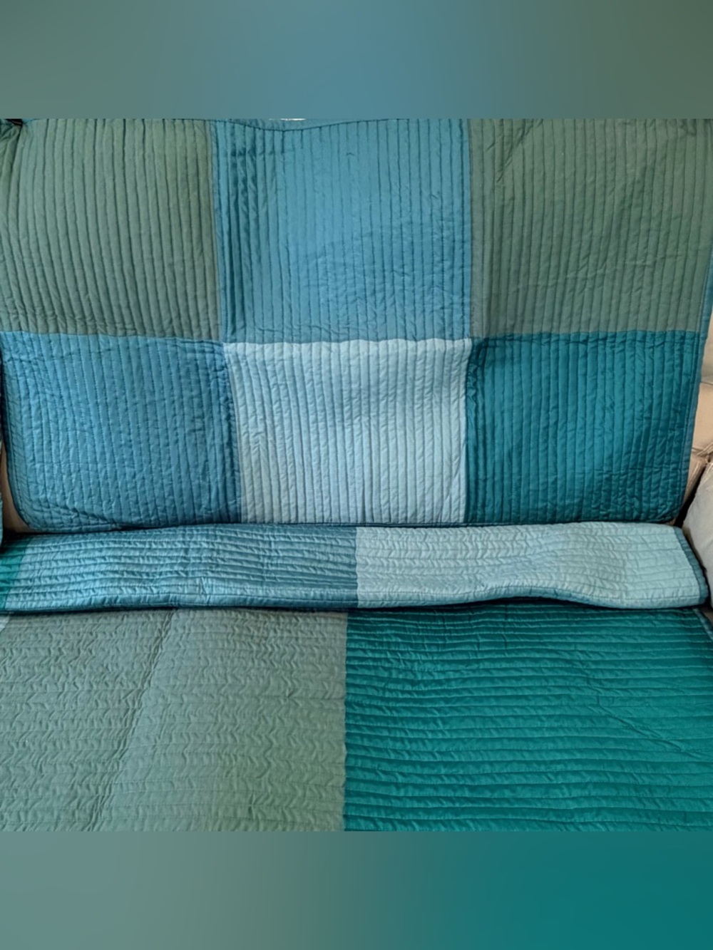 King Teal Aqua Quilt Set Patchwork Color Block Reversible w 2 King Shams Coastal - Picture 4 of 4